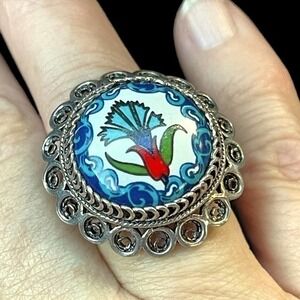Vintage 925 Sterling Silver Hand Painted Ceramic Filigree Floral Ring Size 6.5